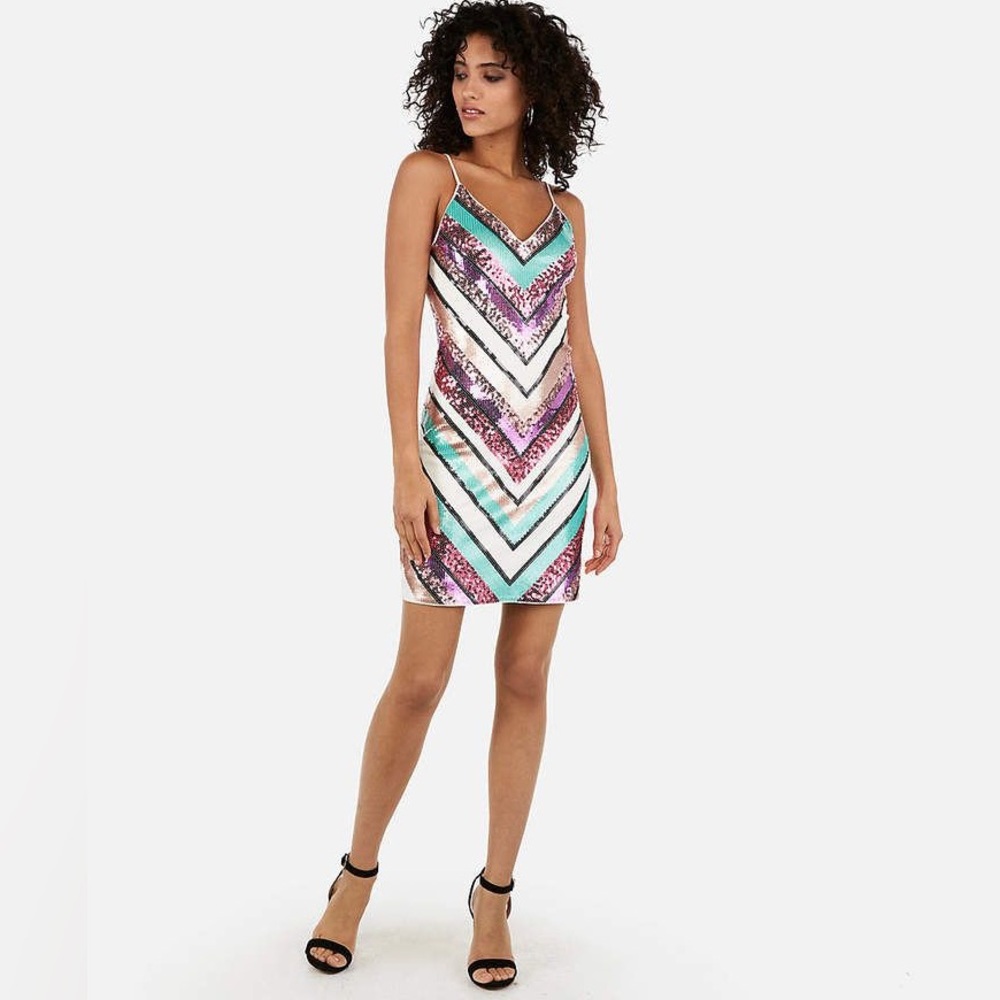 Express Sequin Chevron Mini Dress in Mint, Pink & White